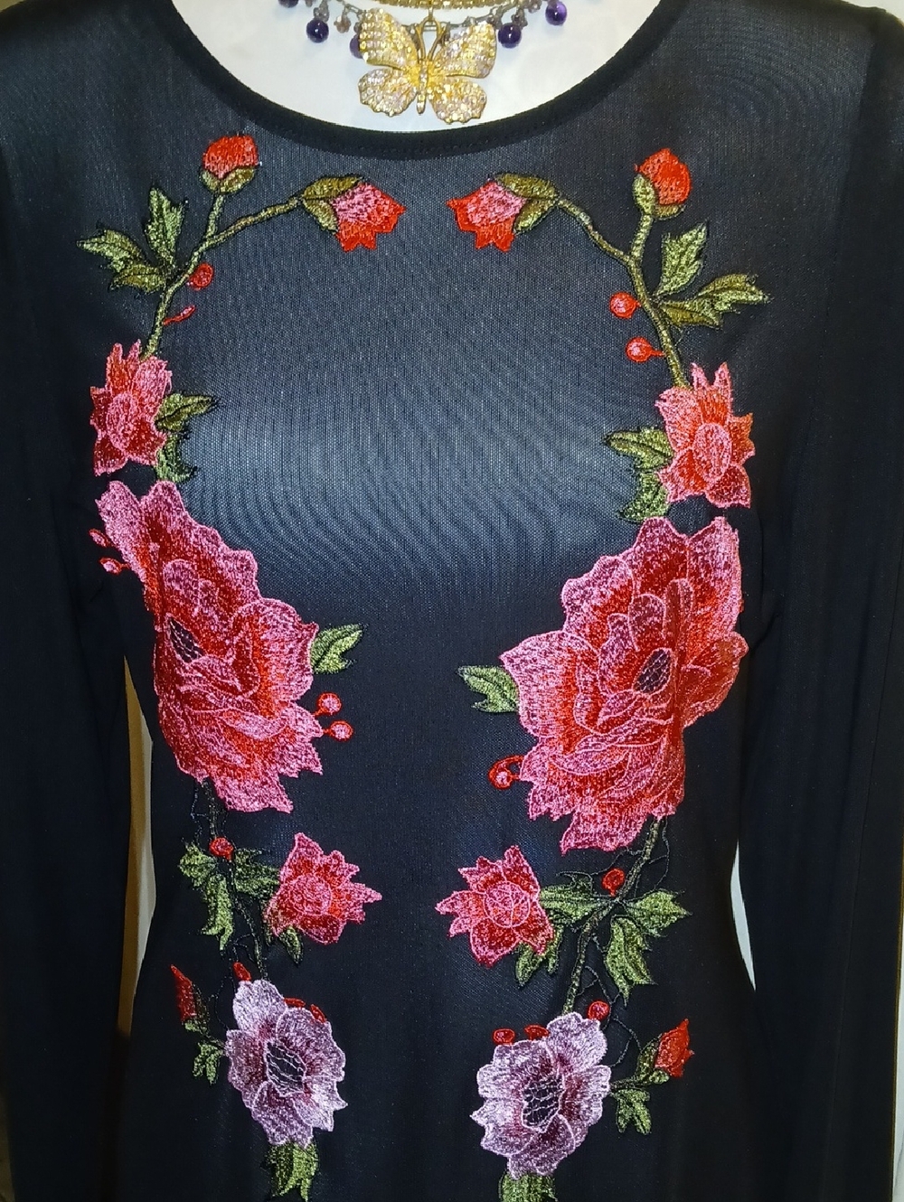 Haute Monde Black Bodysuit with Pink & Red Floral Embroidery